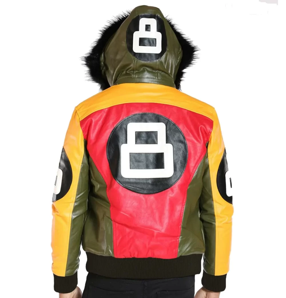 Men’s Tri Color 8 Ball Leather Jacket with Fur Hood