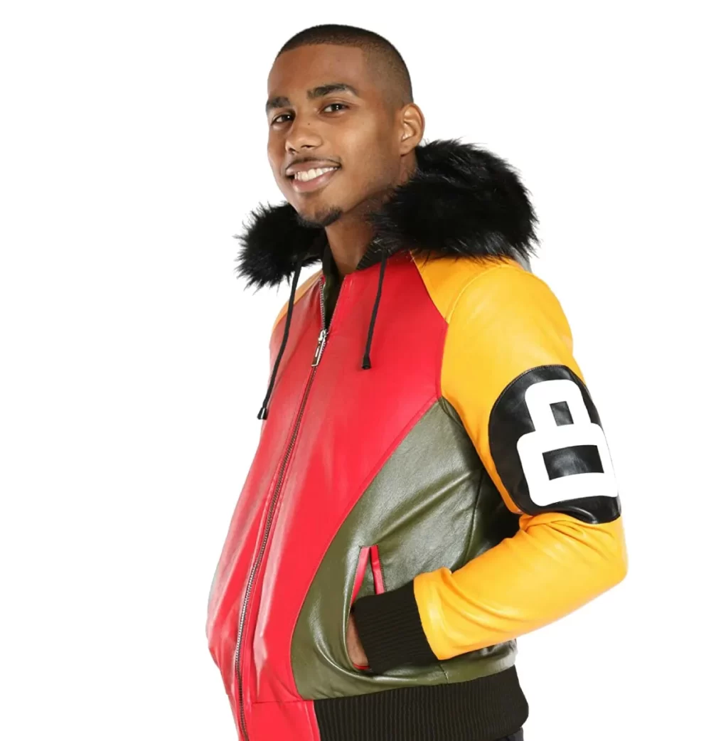 Men’s Tri Color 8 Ball Leather Jacket with Fur Hood