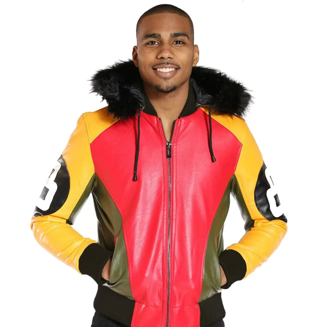 Men’s Tri Color 8 Ball Leather Jacket with Fur Hood