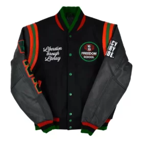 1619 Freedom School Motto 2.0 Black Wool & Leather Varsity Jacket