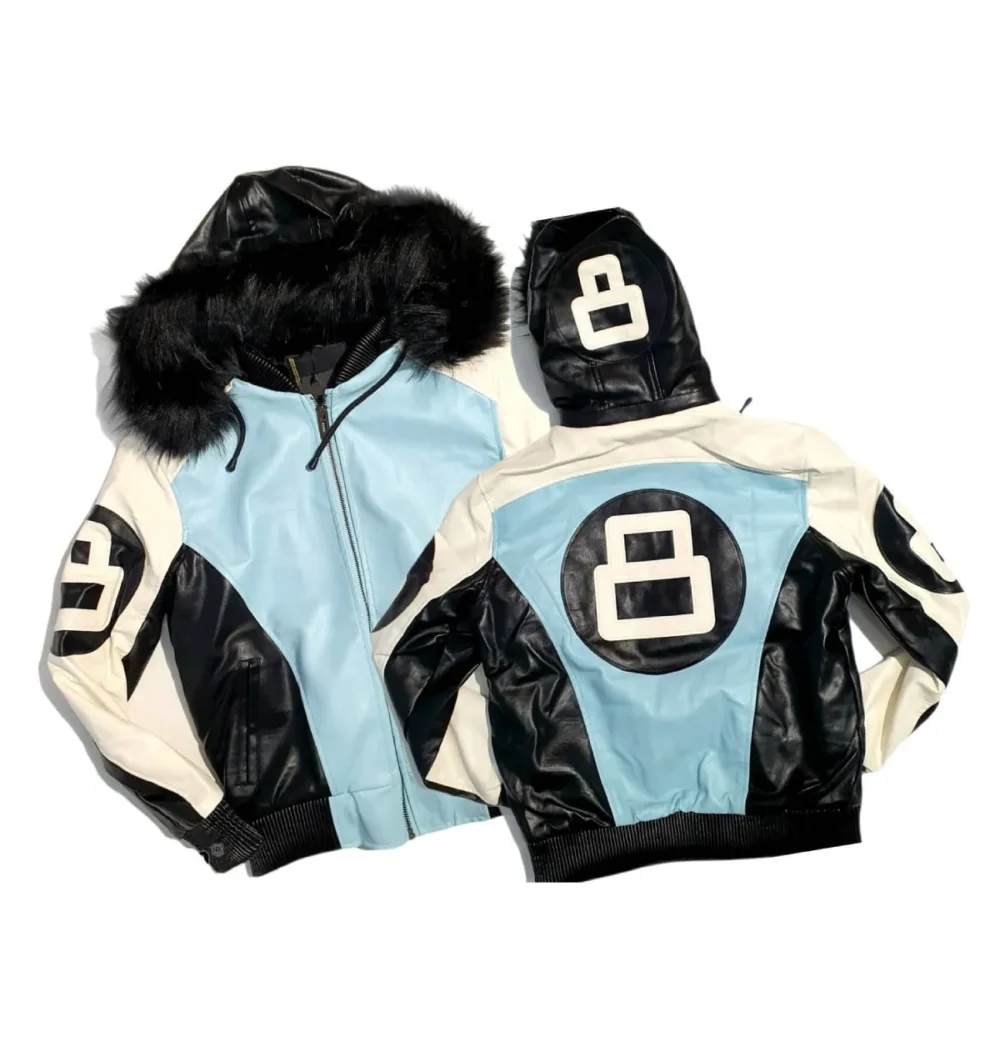 8 Ball Black and Sky Blue Leather Jacket