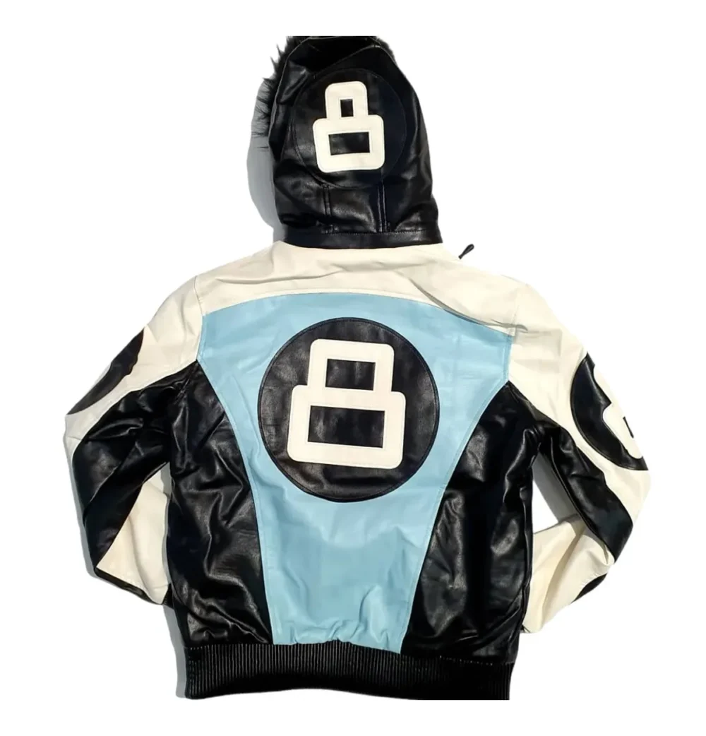 8 Ball Black and Sky Blue Leather Jacket