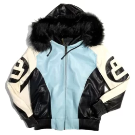 8 Ball Black and Sky Blue Leather Jacket