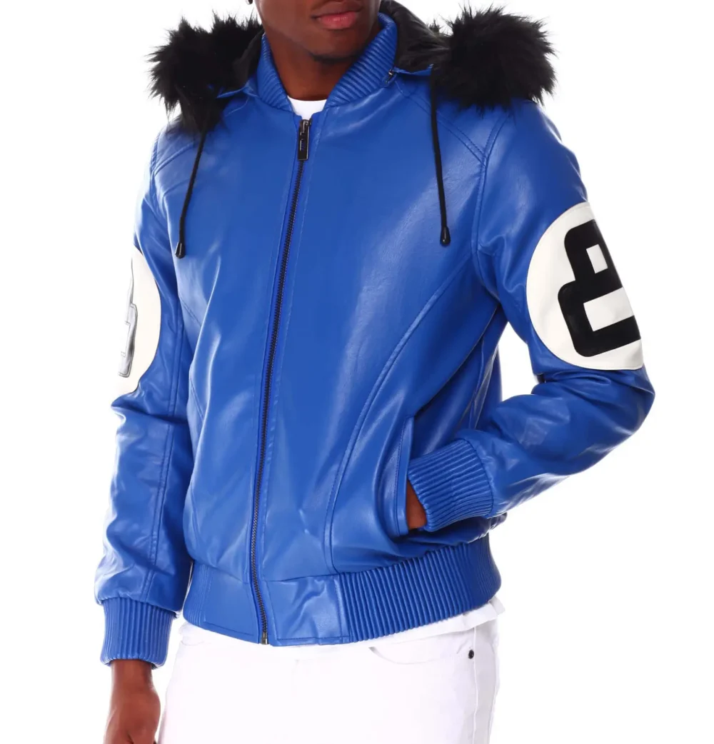 8 Ball Blue Hooded Leather Jacket