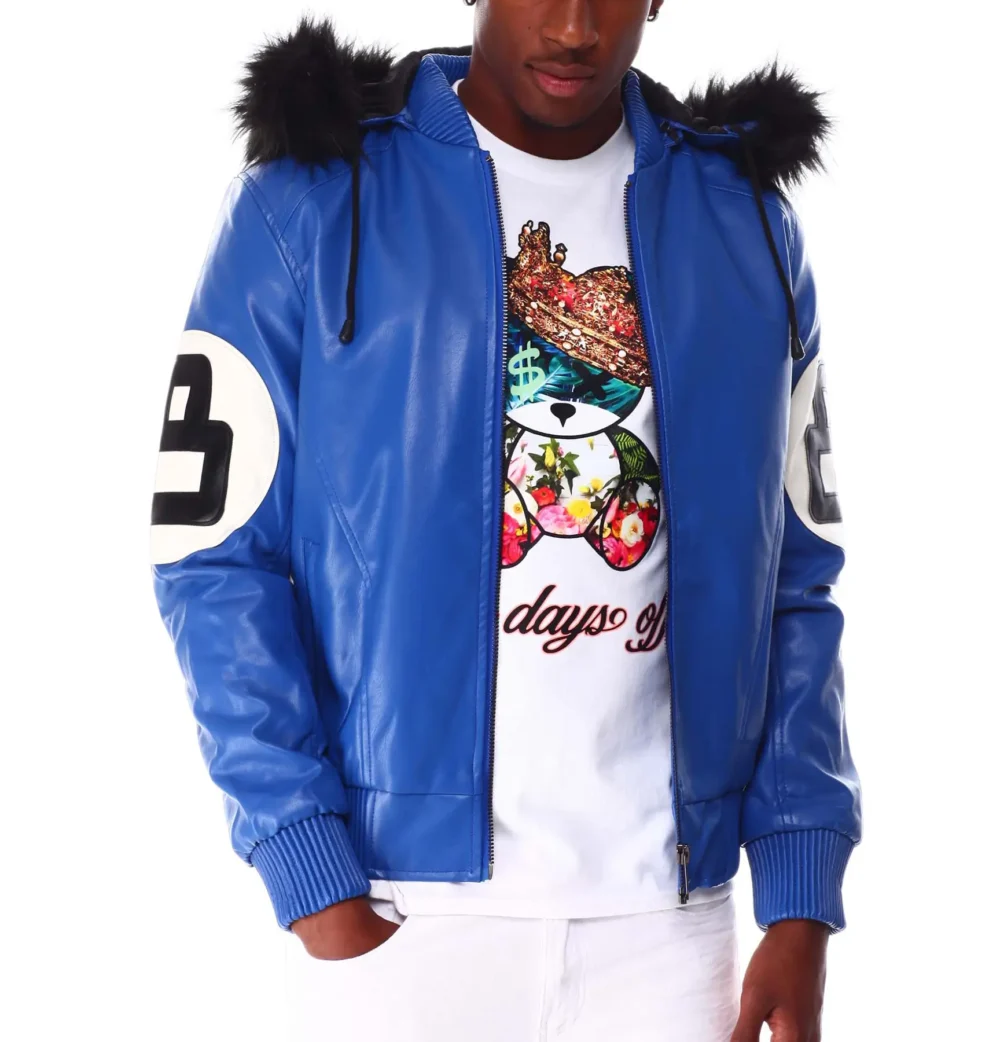 8 Ball Blue Hooded Leather Jacket