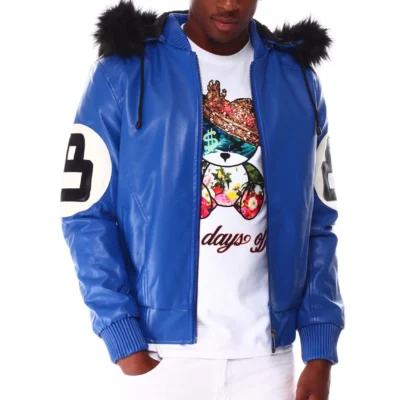 8 Ball Blue Hooded Leather Jacket