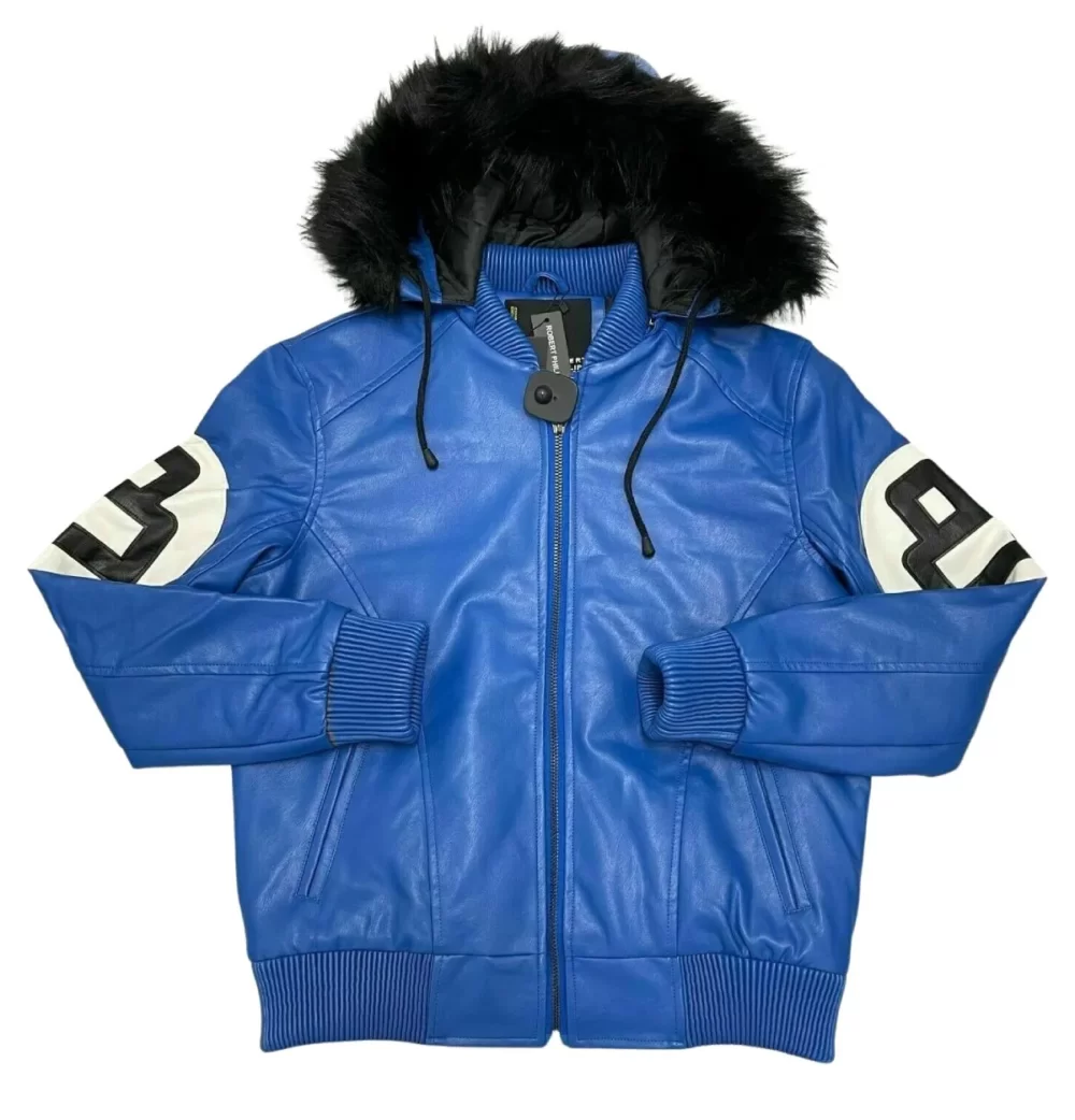 8 Ball Blue Leather Hooded Jacket