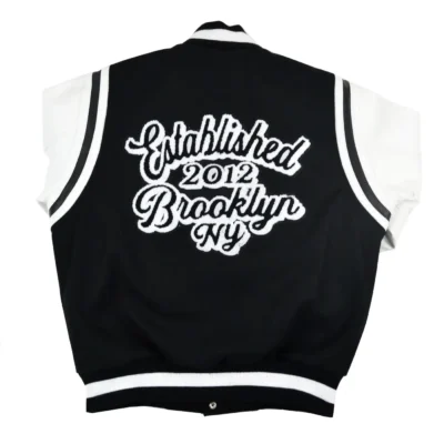 Brooklyn Nets Motto Black & White Wool & Leather Varsity Jacket