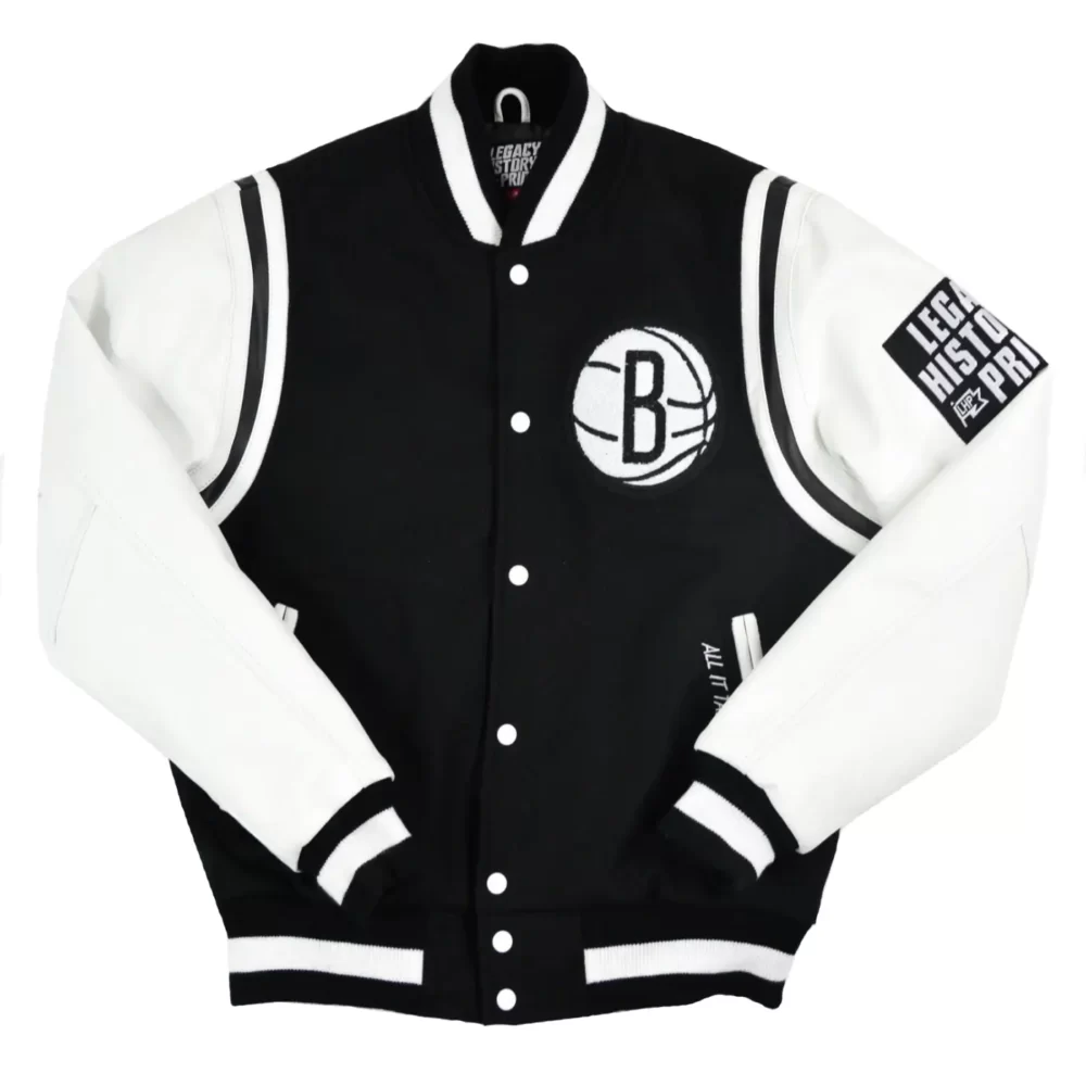 Brooklyn Nets Motto Black & White Wool & Leather Varsity Jacket