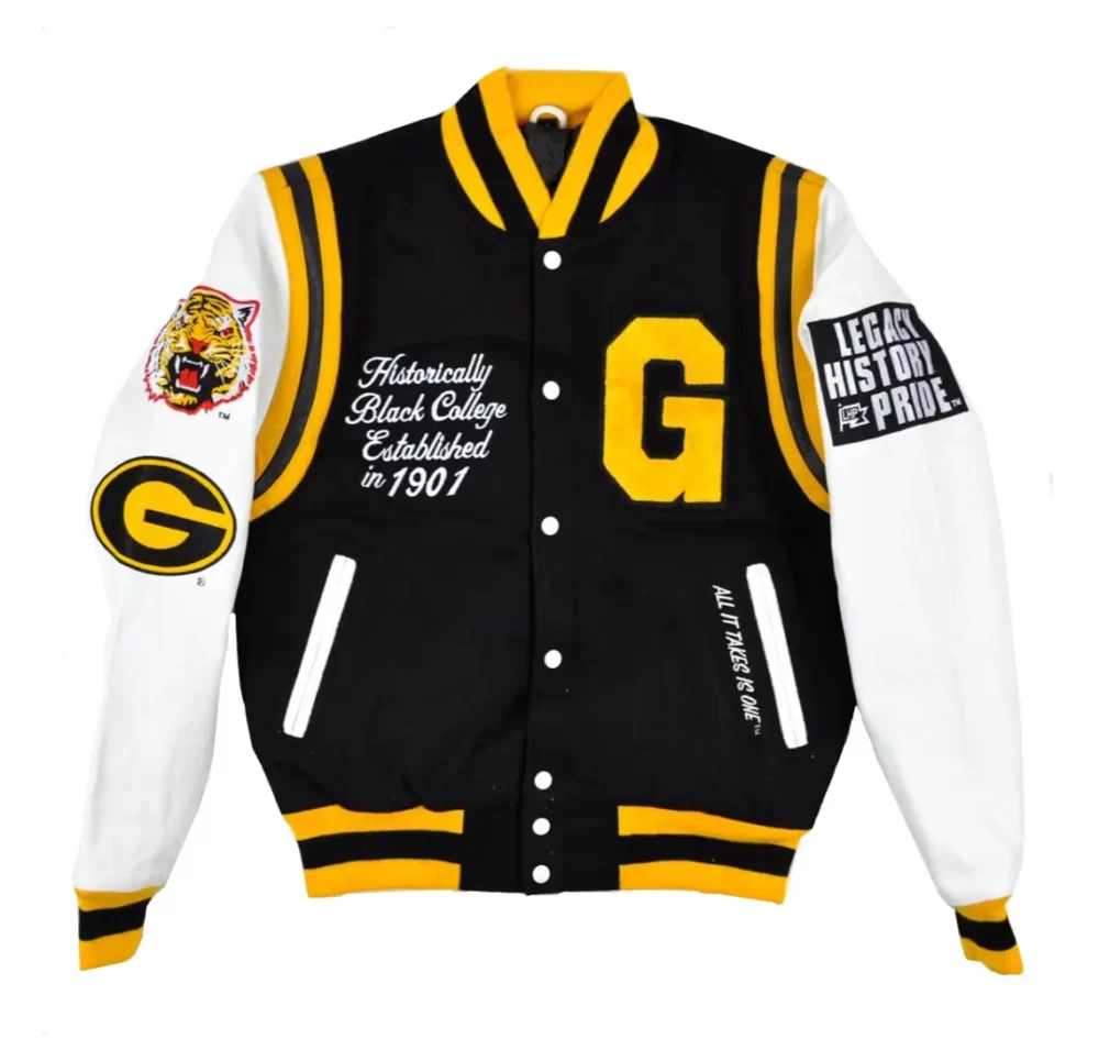 Grambling State University Motto 2.0 Black & White Wool & Leather Varsity Jacket