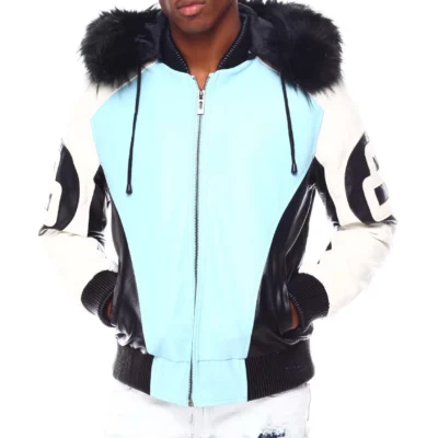 Mens 8 Ball Light-Blue Bomber Leather Jacket