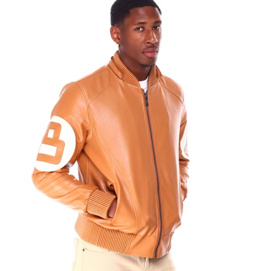 Mens 8 Ball Light-Brown Bomber Leather Jacket