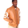 Mens 8 Ball Light-Brown Bomber Leather Jacket