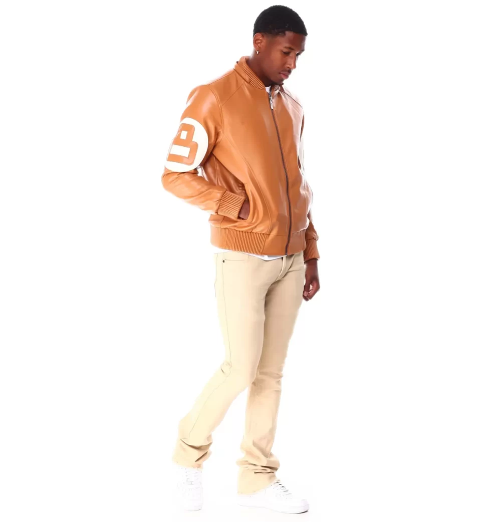 Mens 8 Ball Light-Brown Bomber Leather Jacket