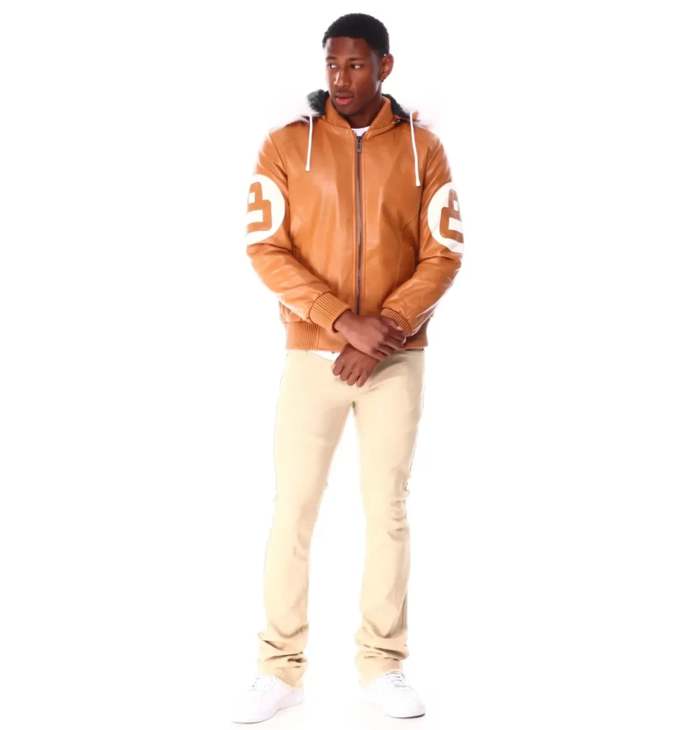 Mens 8 Ball Light-Brown Bomber Leather Jacket