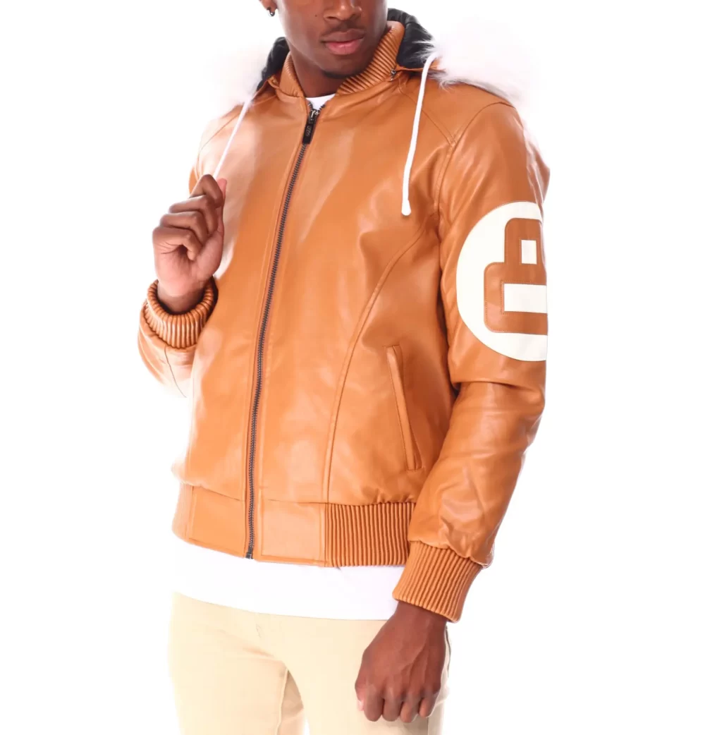 Mens 8 Ball Light-Brown Bomber Leather Jacket