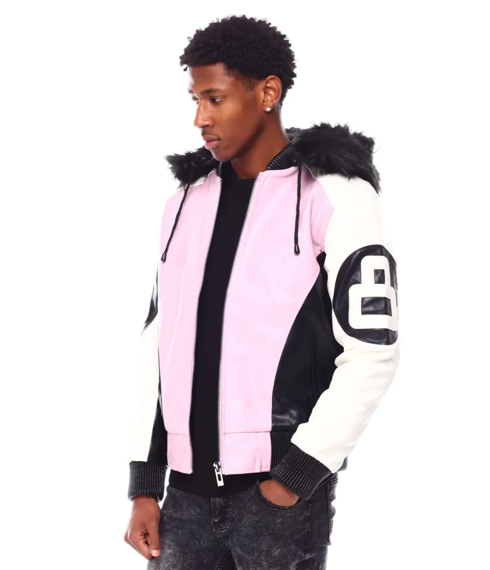 Mens 8 Ball Pink Hooded Leather Jacket