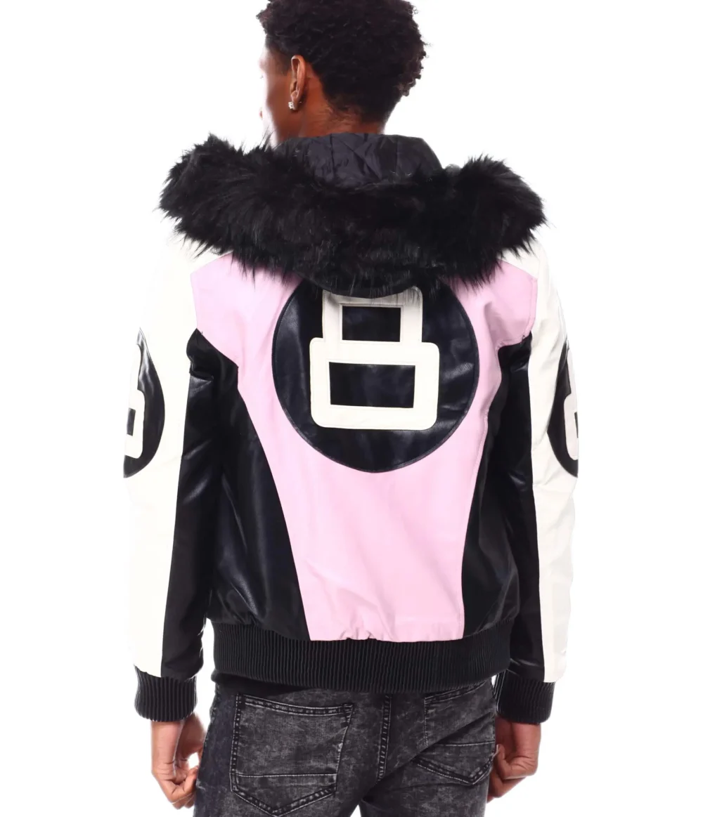 Mens 8 Ball Pink Hooded Leather Jacket