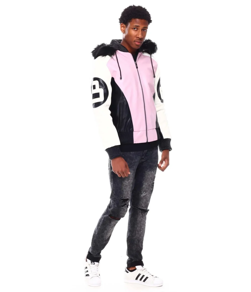 Mens 8 Ball Pink Hooded Leather Jacket