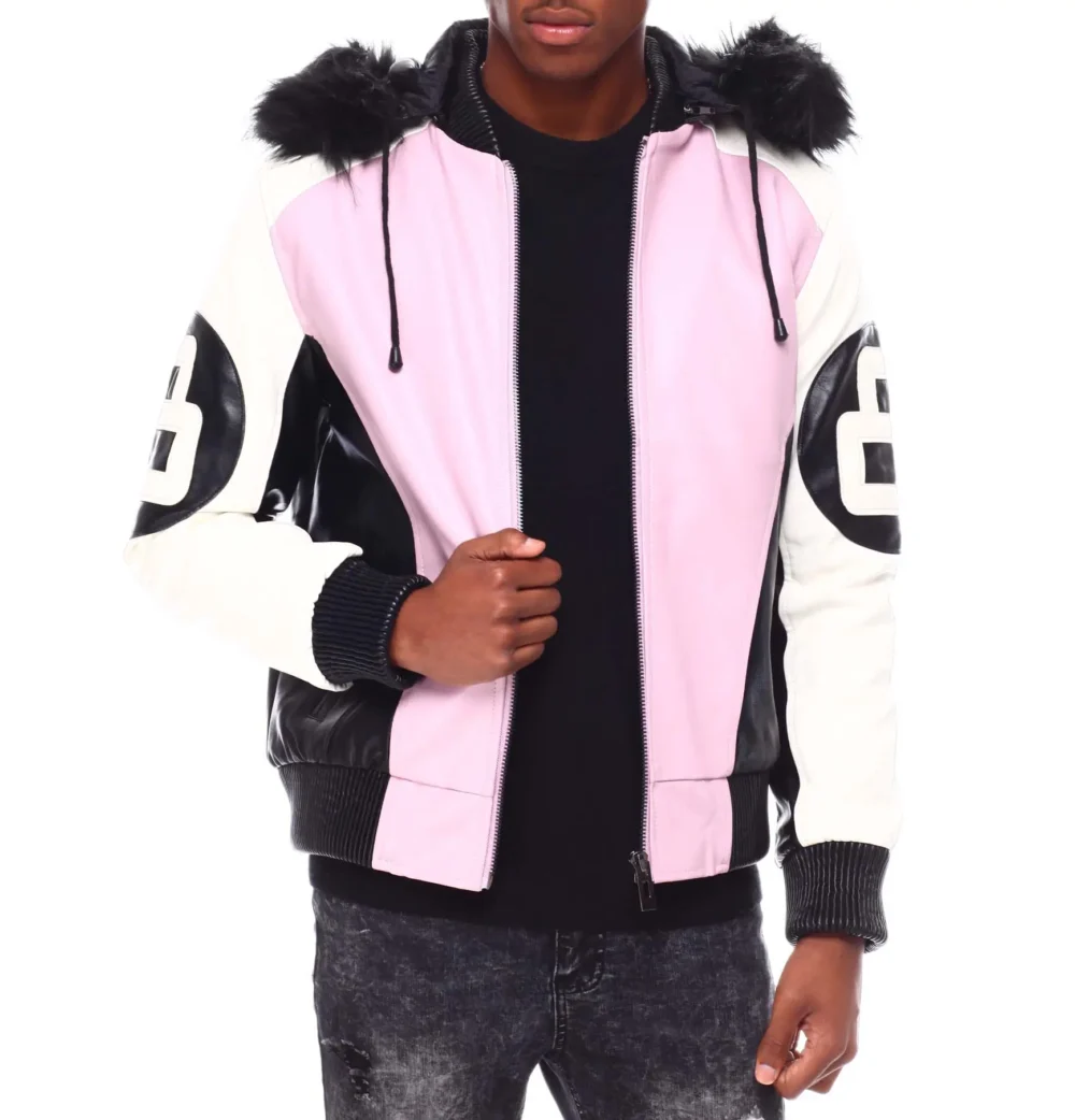 Mens 8 Ball Pink Hooded Leather Jacket