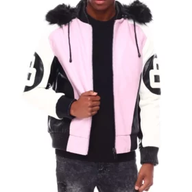 Mens 8 Ball Pink Hooded Leather Jacket