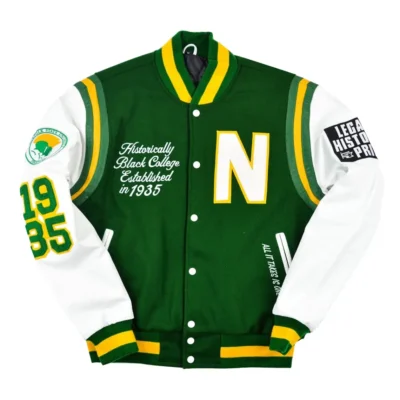 Norfolk State University Motto 2.0 Green & White Wool & Leather Varsity Jacket