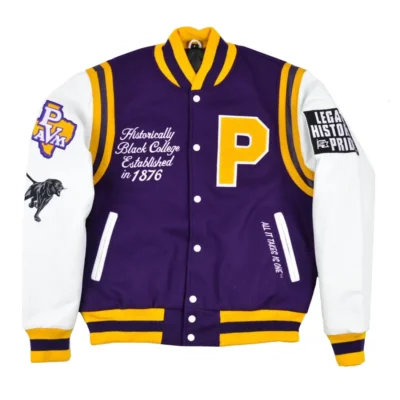 Prairie View A&M University Motto 3.0 Purple & White Wool & Leather Varsity Jacket