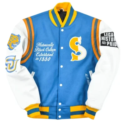 Southern University Motto 2.0 Sky Blue & White Wool & Leather Varsity Jacket