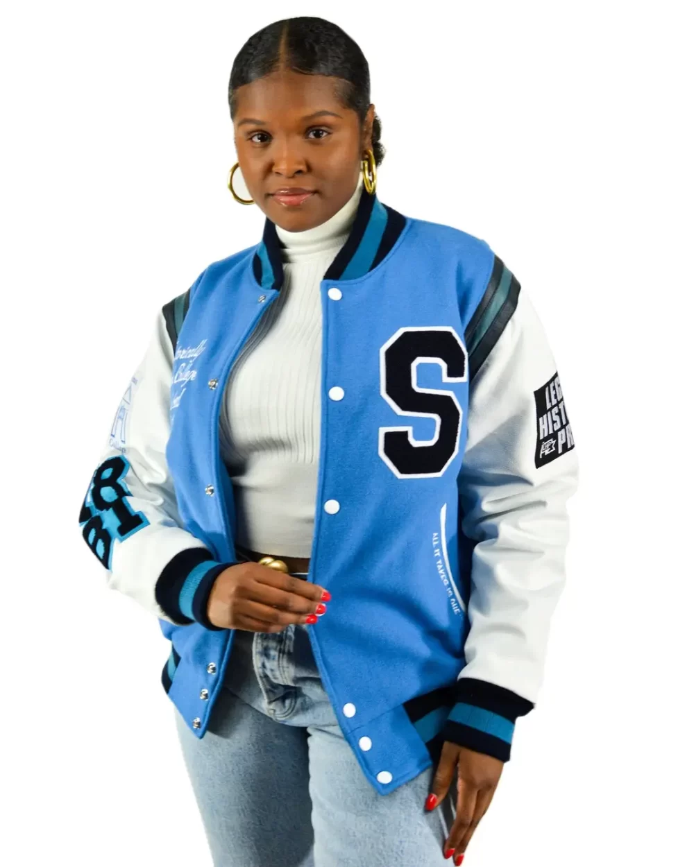 Spelman College Motto 3.0 Sky Blue & White Wool & Leather Varsity Jacket