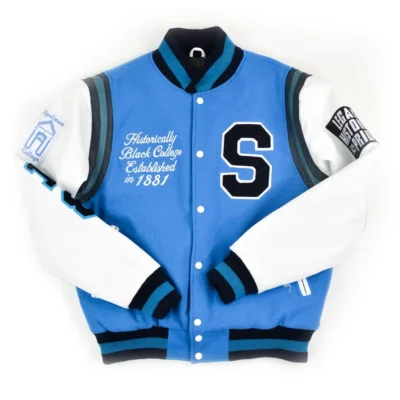 Spelman College Motto 3.0 Sky Blue & White Wool & Leather Varsity Jacket