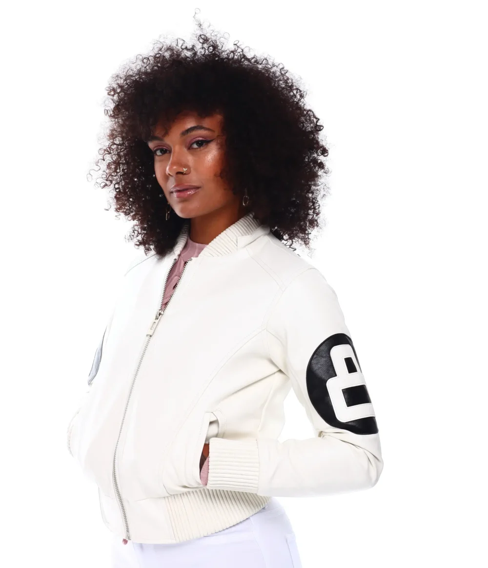 Women’s 8 Ball White Hooded Bomber Leather Jacket