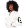 Women’s 8 Ball White Hooded Bomber Leather Jacket