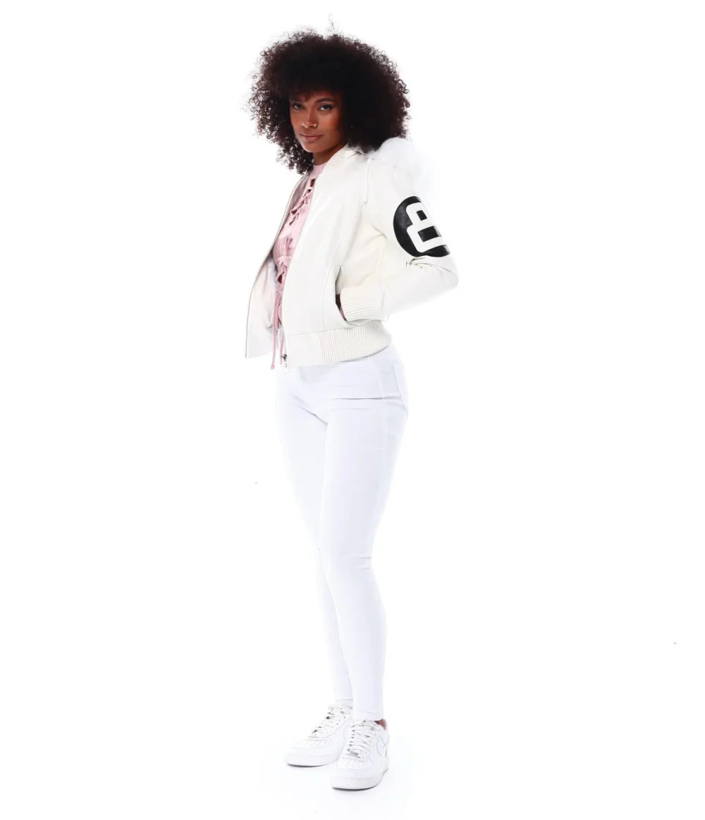 Women’s 8 Ball White Hooded Bomber Leather Jacket