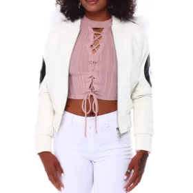 Women’s 8 Ball White Hooded Bomber Leather Jacket