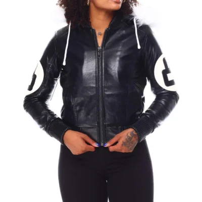 Women’s Black 8 Ball Bomber Leather Jacket