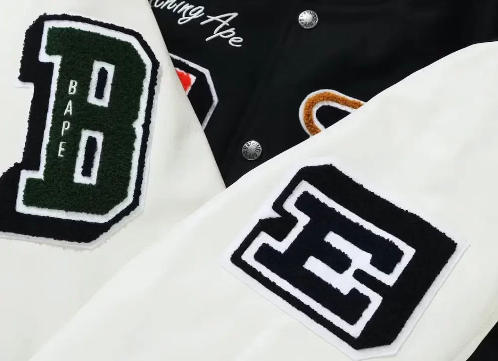 BAPE Black & White Crazy Patch Varsity Jacket