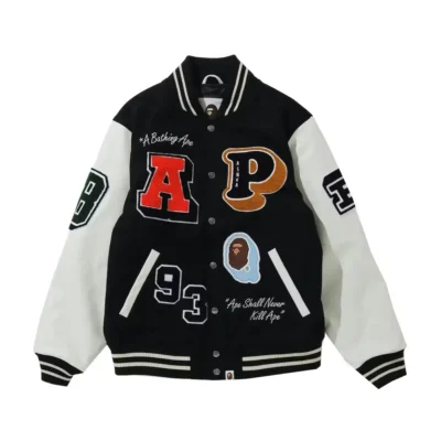 BAPE Black & White Crazy Patch Varsity Jacket