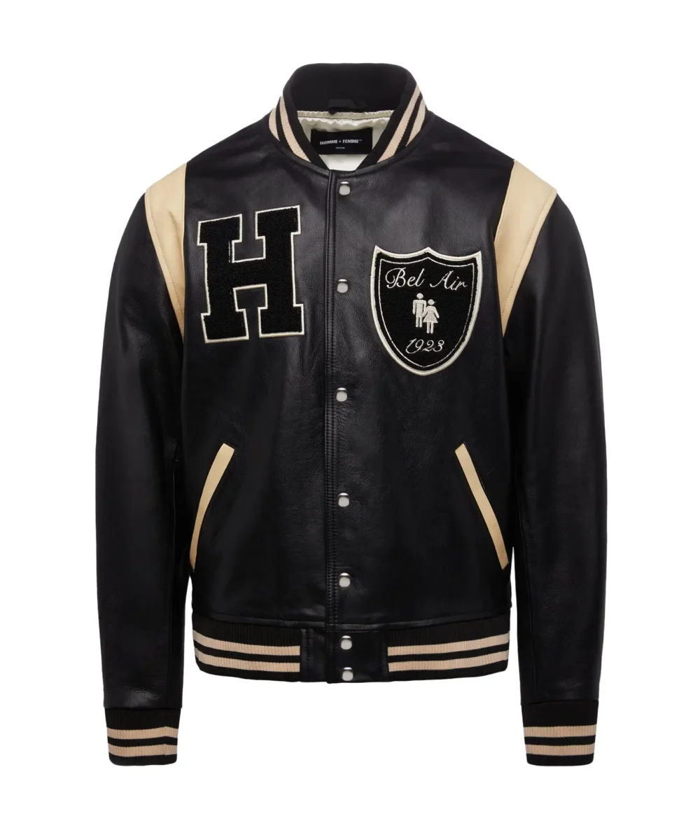 Bel-Air Homme Femme Leather Black Varsity Jacket