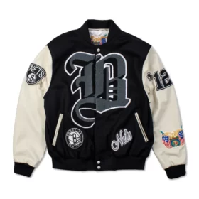 Jeff Hamilton X Brooklyn Nets Black/Cream Wool & Leather Varsity Jacket