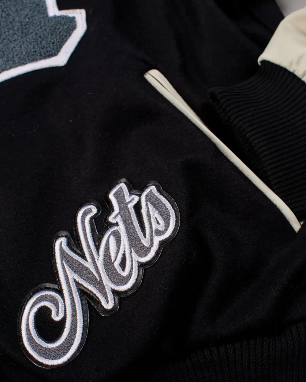 Jeff Hamilton X Brooklyn Nets Black/Cream Wool & Leather Varsity Jacket