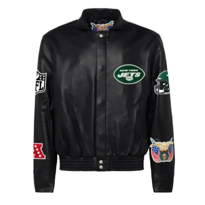 Jeff Hamilton New York Jets Patches Full Leather Black Jacket