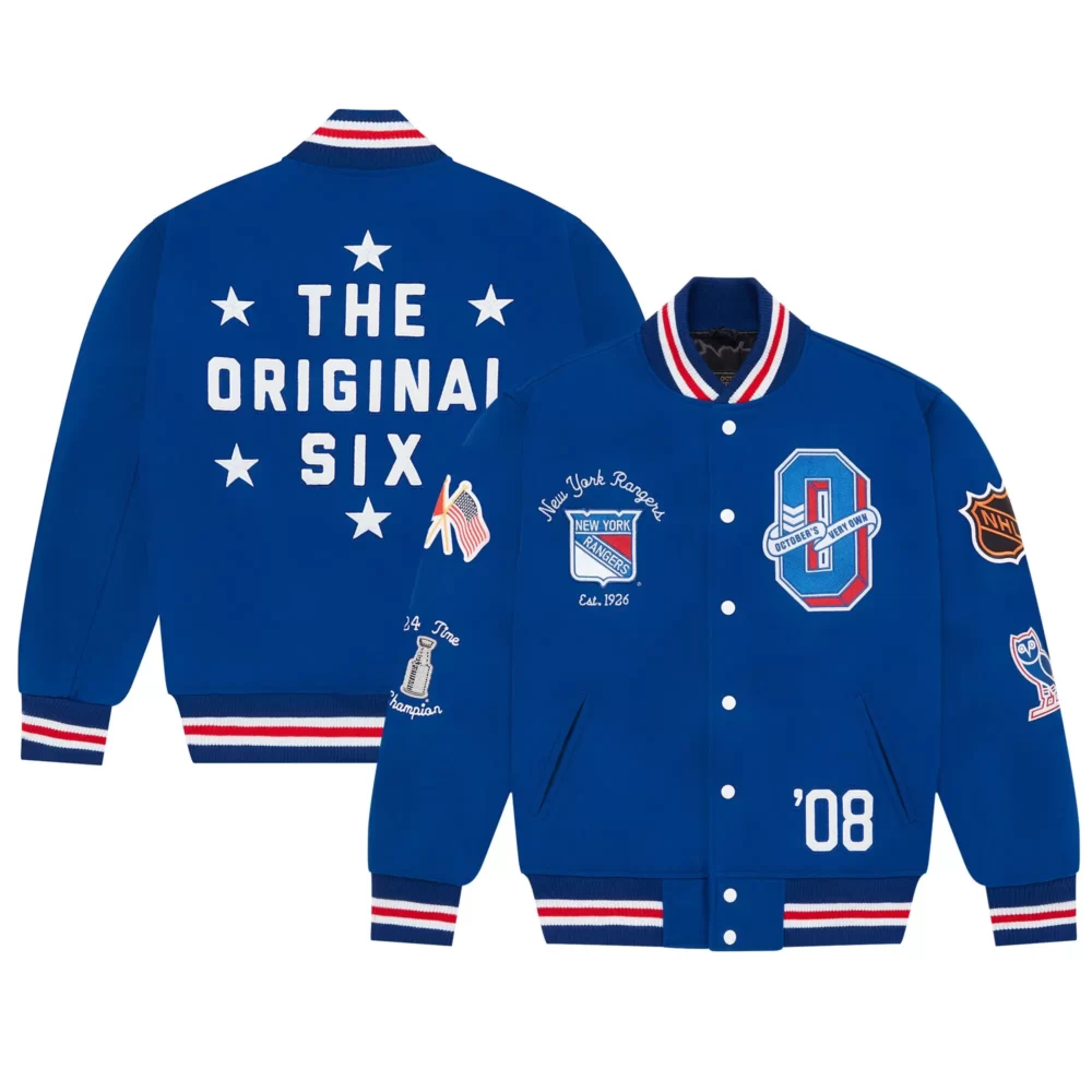 New York Rangers OVO x NHL Blue Full-Snap Varsity Jacket