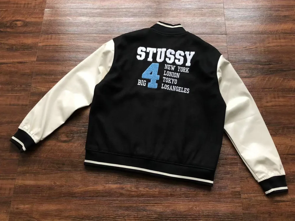 Vintage Stussy Big 4 Wool Black Leather Jacket