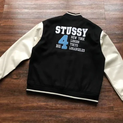 Vintage Stussy Big 4 Wool Black Leather Jacket