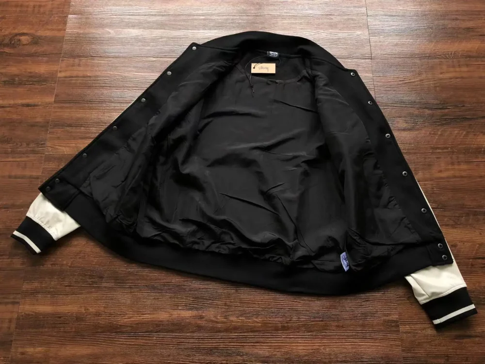 Vintage Stussy Big 4 Wool Black Leather Jacket