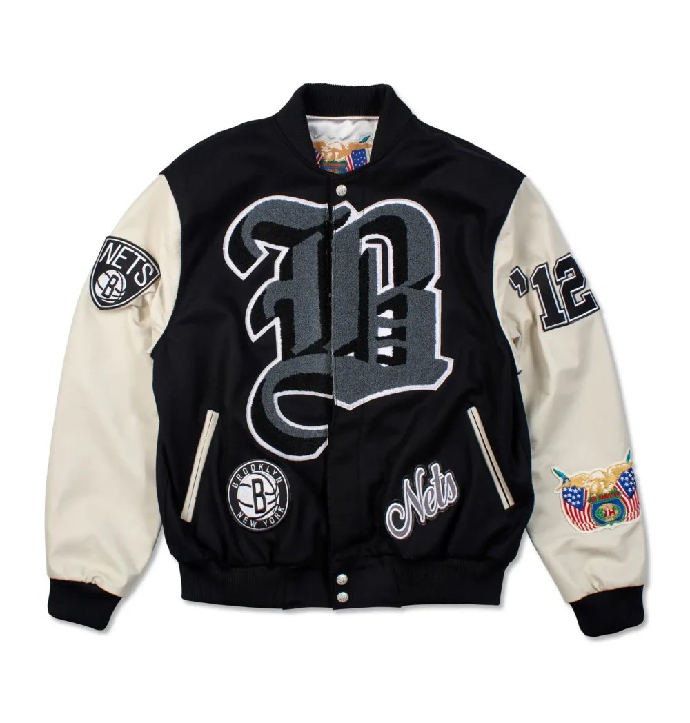 Brooklyn Nets Black/Cream Wool & Leather Varsity Jacket