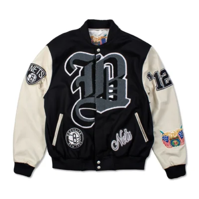 Brooklyn Nets Black/Cream Wool & Leather Varsity Jacket