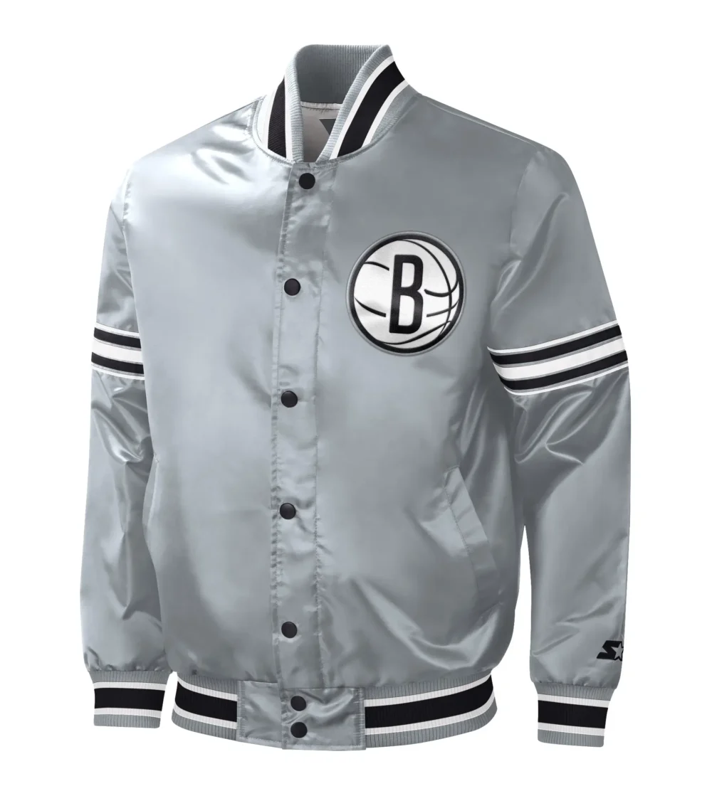 Brooklyn Nets Starter Slider Gray Satin Varsity Jacket