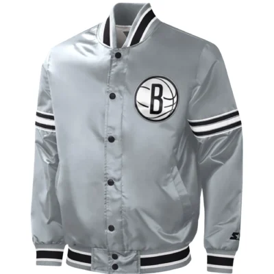 Brooklyn Nets Starter Slider Gray Satin Varsity Jacket