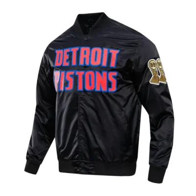 Detroit Pistons Big Logo Black Satin Varsity Jacket